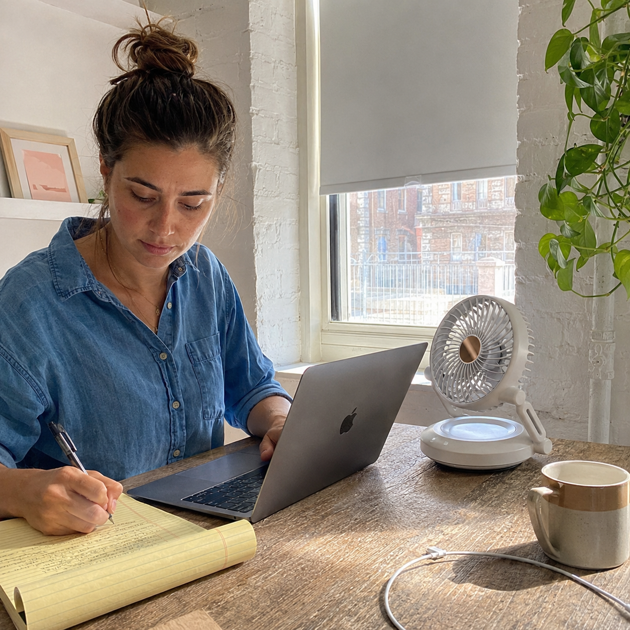 American woman working from home beside Montara Flowe™