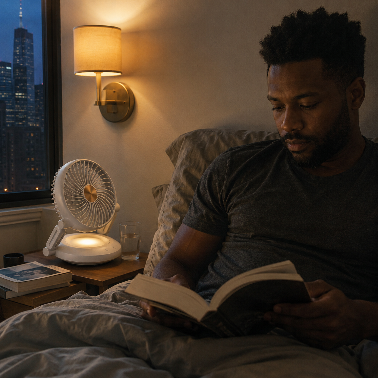 American man reading beside Montara Flowe™ at night
